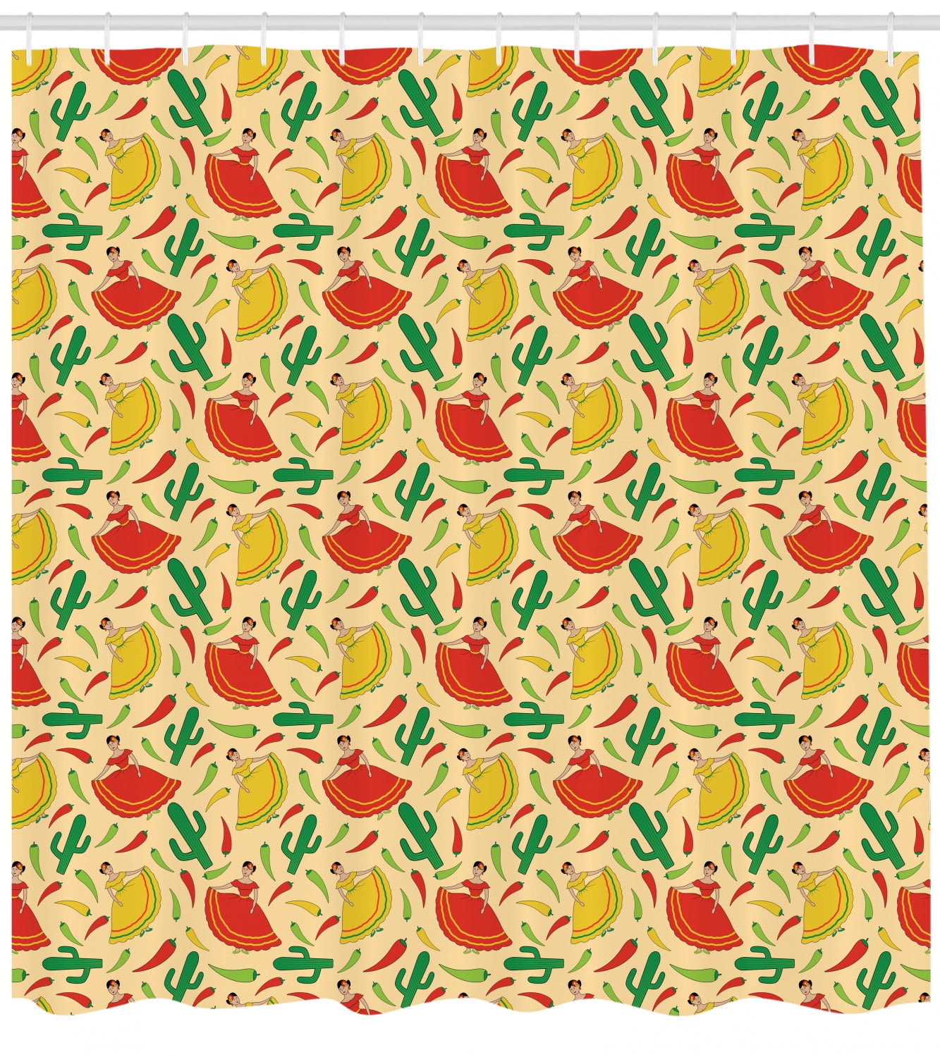 Spanish Shower Curtain, Dancing Mexican Women Cactus and Chili Peppers