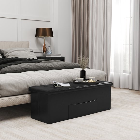 Giantex Pouf de Rangement Pliant, Banc Rembourré en Cuir PU, Coffre de Rangement Tabouret Repose-Pieds Pliable, Noir