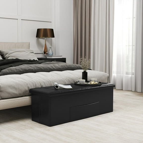 Giantex Folding Storage Ottoman, Upholstered PU Leather Bench, Collapsible Foot Rest Stool Storage Chest, Black