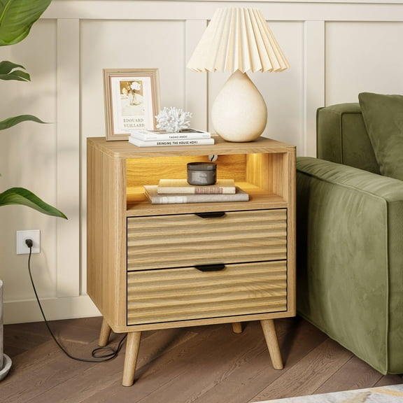 GUNAITO Table de Nuit Cannelée pour Chambre avec Station de Recharge Table de Chevet avec Lumières DEL Table de Nuit en Bois avec Tablette Ouverte et 2 Tiroirs Chêne 1 Pce