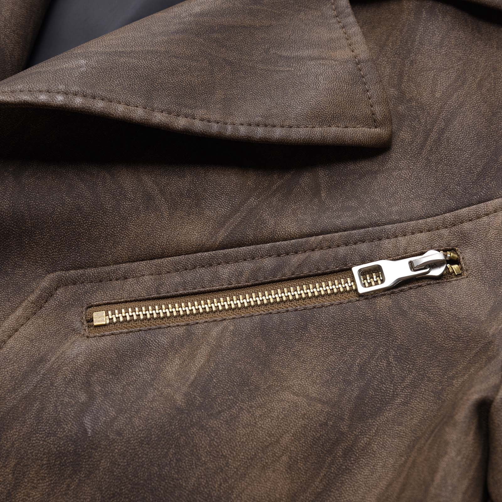 Dolkfu Brown Men Jacket Faux Leather Distressed Windbreaker Motocycle Vintage Trench Coat Mens Coats Winter 3XL