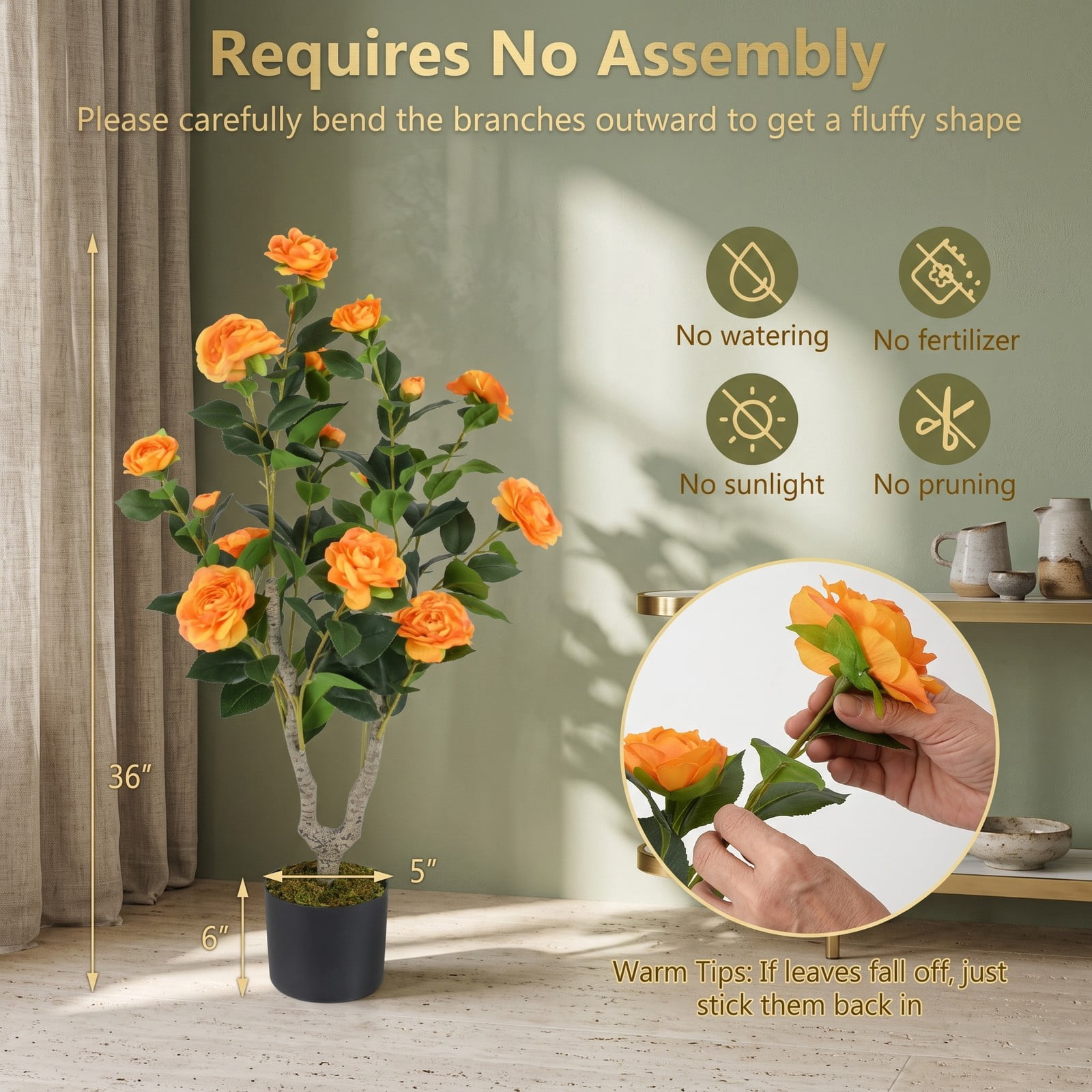 ALPULON 36 Inch Artificial Camellia Tree with Blooming Flowers, Set of 2 Faux Potted Camellia Plants with Cement-Filled Pots for Home Office Wedding Front Door, Orange