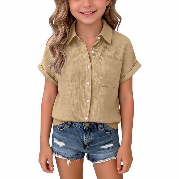 EnJoCho Toddler Girl Short Sleeve Shirt Girls Linen Shirt Button Down Short Sleeve Cotton Shirts Teen Girl Summer Hawaiian Top Fashion