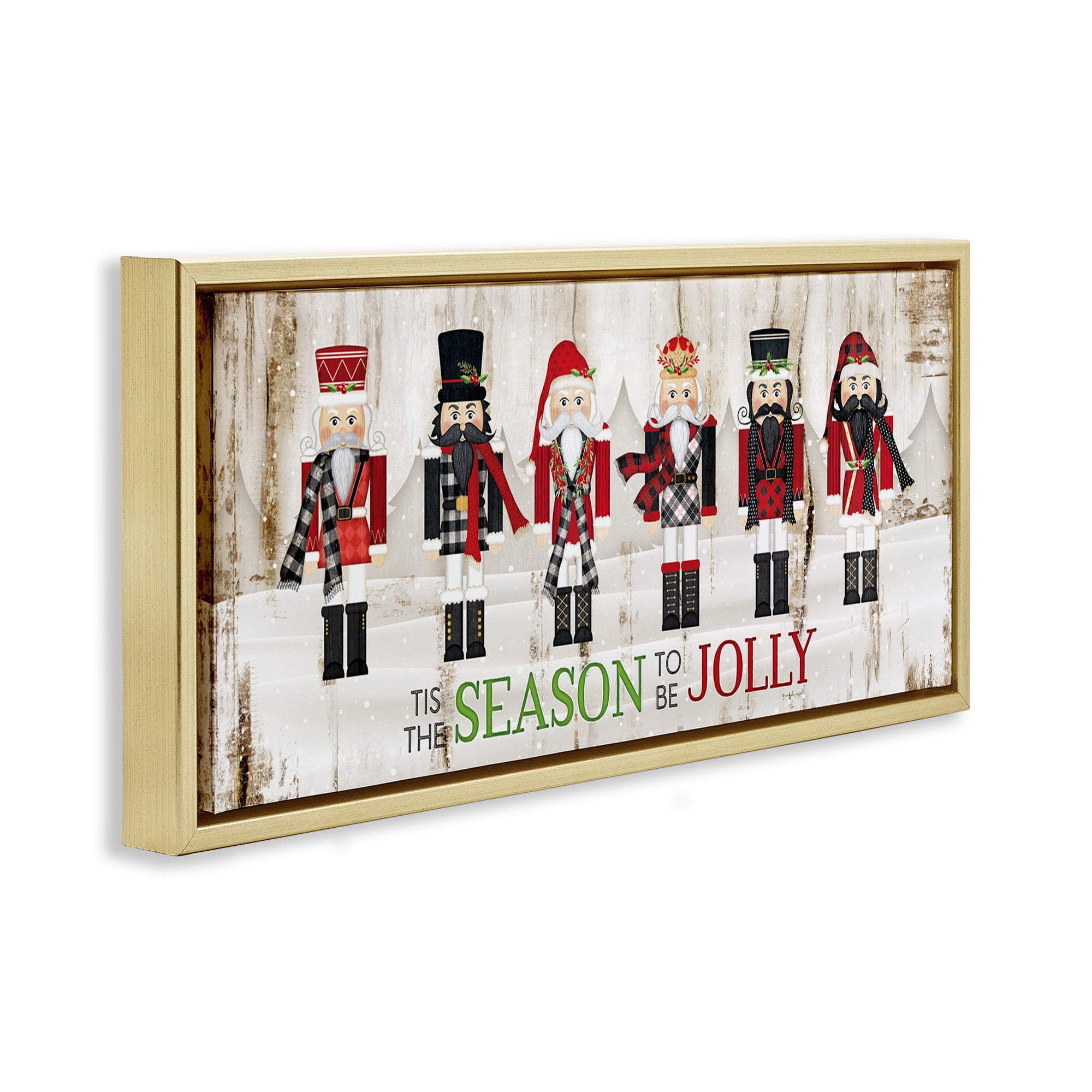 Stupell Industries Festive Phrase Winter Nutcrackers Inspirational Painting Gold Floater Framed Canvas Art Print Wall Art, 25 x 11