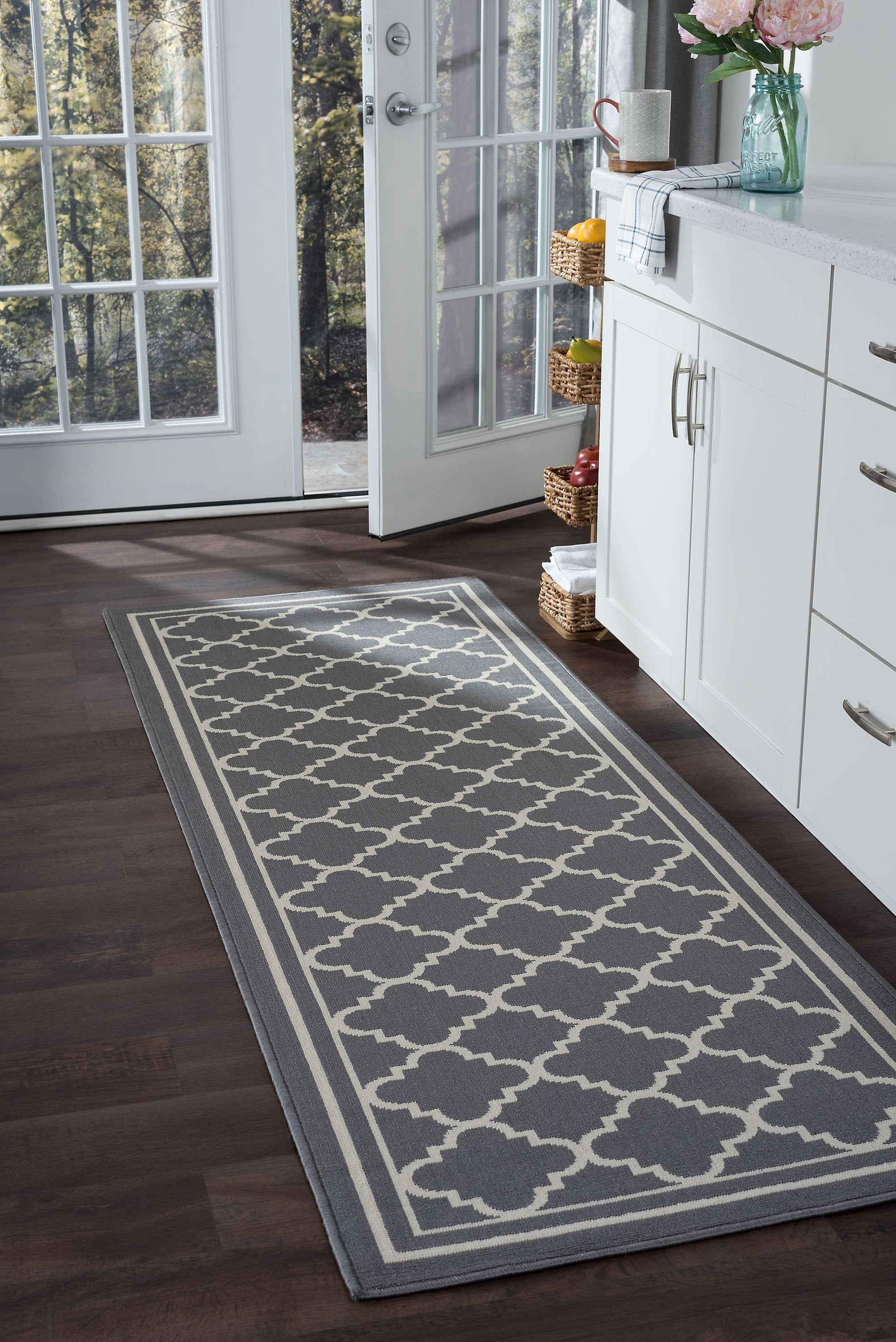 3x8 Water Resistant, Indoor Outdoor Runner Rugs for Patios, Hallway, Entryway, Deck, Porch, Balcony or Kitchen | Outside Area Rug for Patio | Gray, Moroccan Tile | Size: 2'7'' x 7'3''