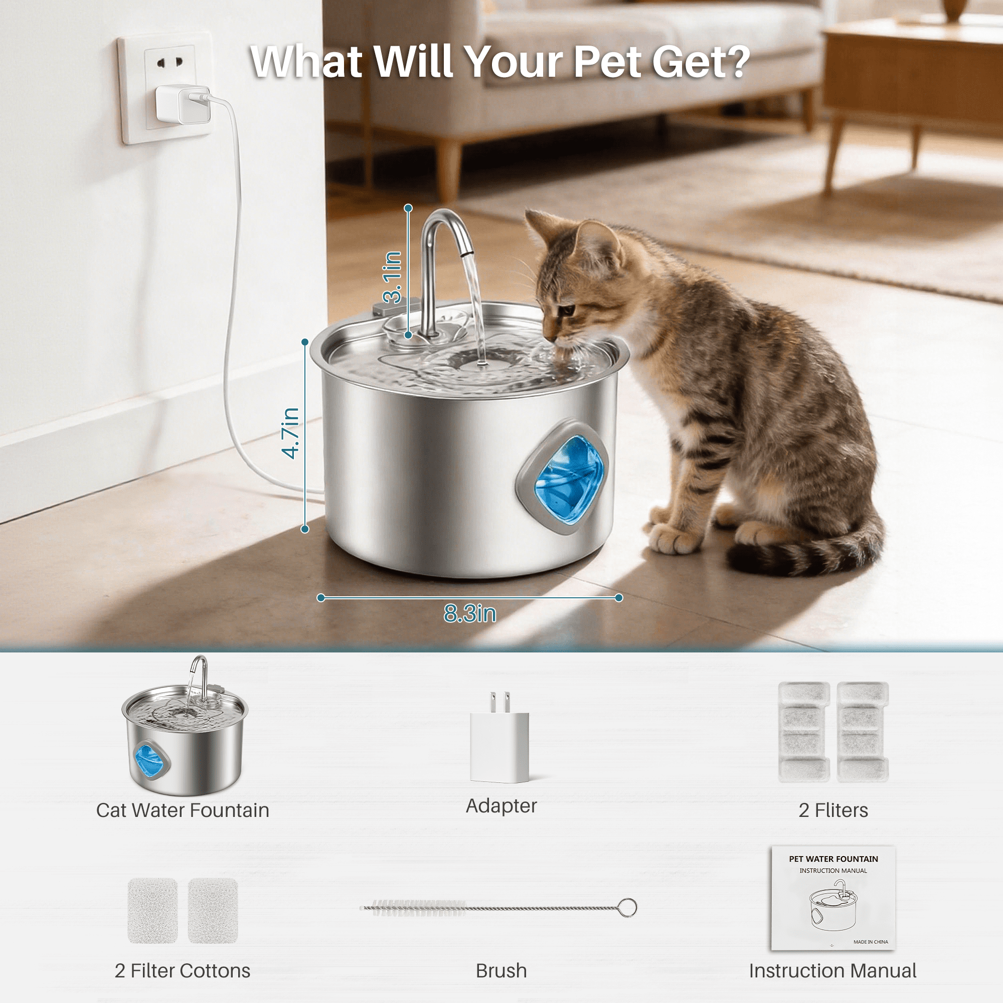 NIGHTEEN Water Fountain, 3.2L/108oz Automatic Pet Water Fountain Stainless Steel for Cats Dogs with Replacement Filters
