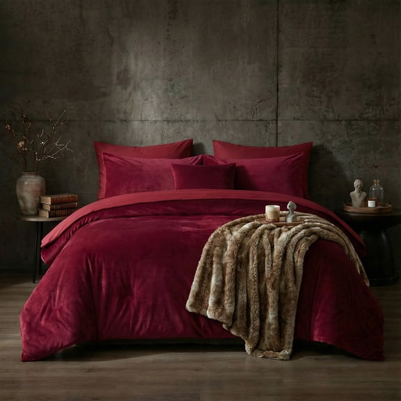 Burgundy Velvet Comforter Set Queen Size Distressed Velvet Bedding Soft Plush Shaggy Warm Flannel Quilt Blanket Women Girls Solid Red Comforter for Christmas