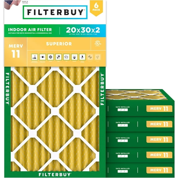 Filterbuy 20x30x2 Air Filter MERV 11 Allergy Defense, Pleated HVAC AC Furnace Filter Replacement, 6-Pack