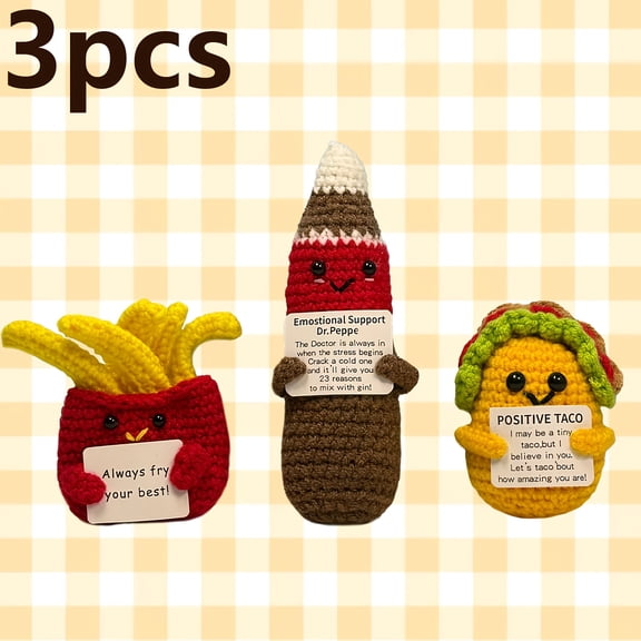 3 pieces of cute casual snack crocheted dolls, with emotional support and inspiring quote cards, are exquisite gifts suitable for home decoration and holiday gifting