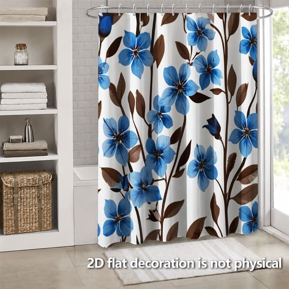 Hoease Vintage Blue Flower Brown Branch Floral Pattern Shower Curtain, 71W x 71L Inch Waterproof Fabric Bathroom Curtain with 12 Hooks, Retro Floral Bath Decor
