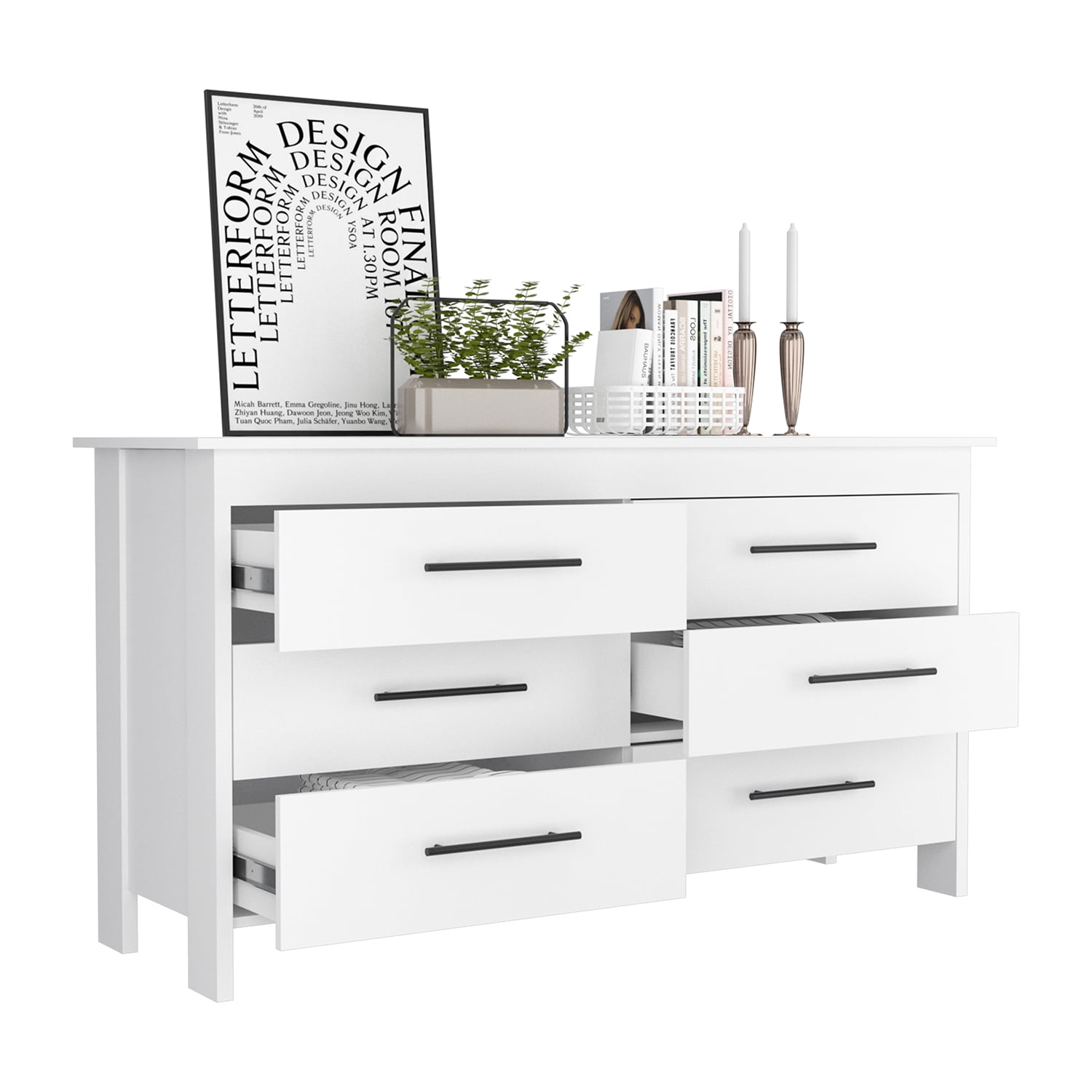 Kadyn 6 Drawer Double Nursery Dresser, Chest of Drawers with Four Legs, Storage Cabinet for Living Room, White Sideboard