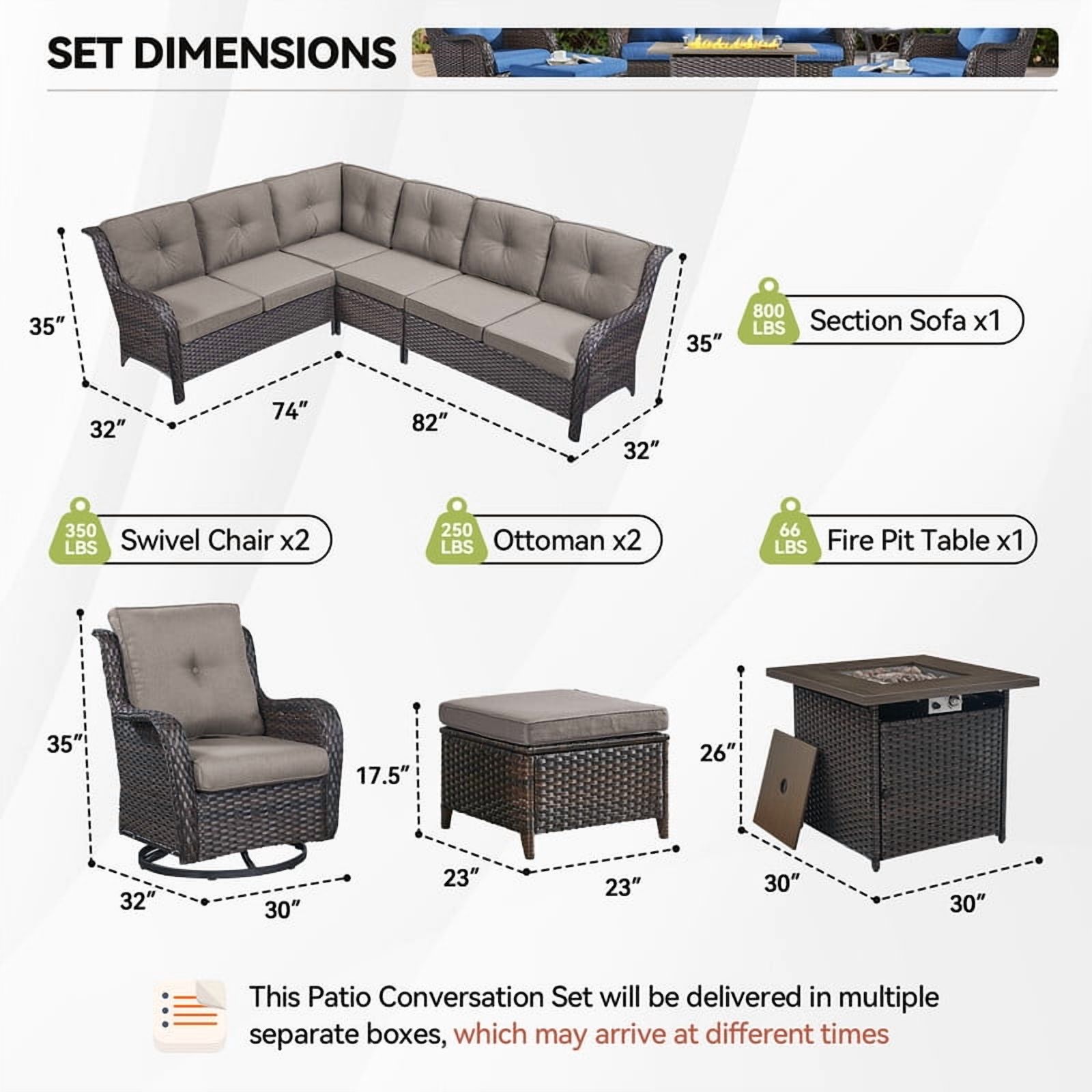 Bellefurn Patio Furniture Set with Fire Pit,9-Piece Outdoor Conversation Set with Patio Swivel Chairs Sectional Sofa and 2 Ottomans Side Table for Balcony, Porch, Garden