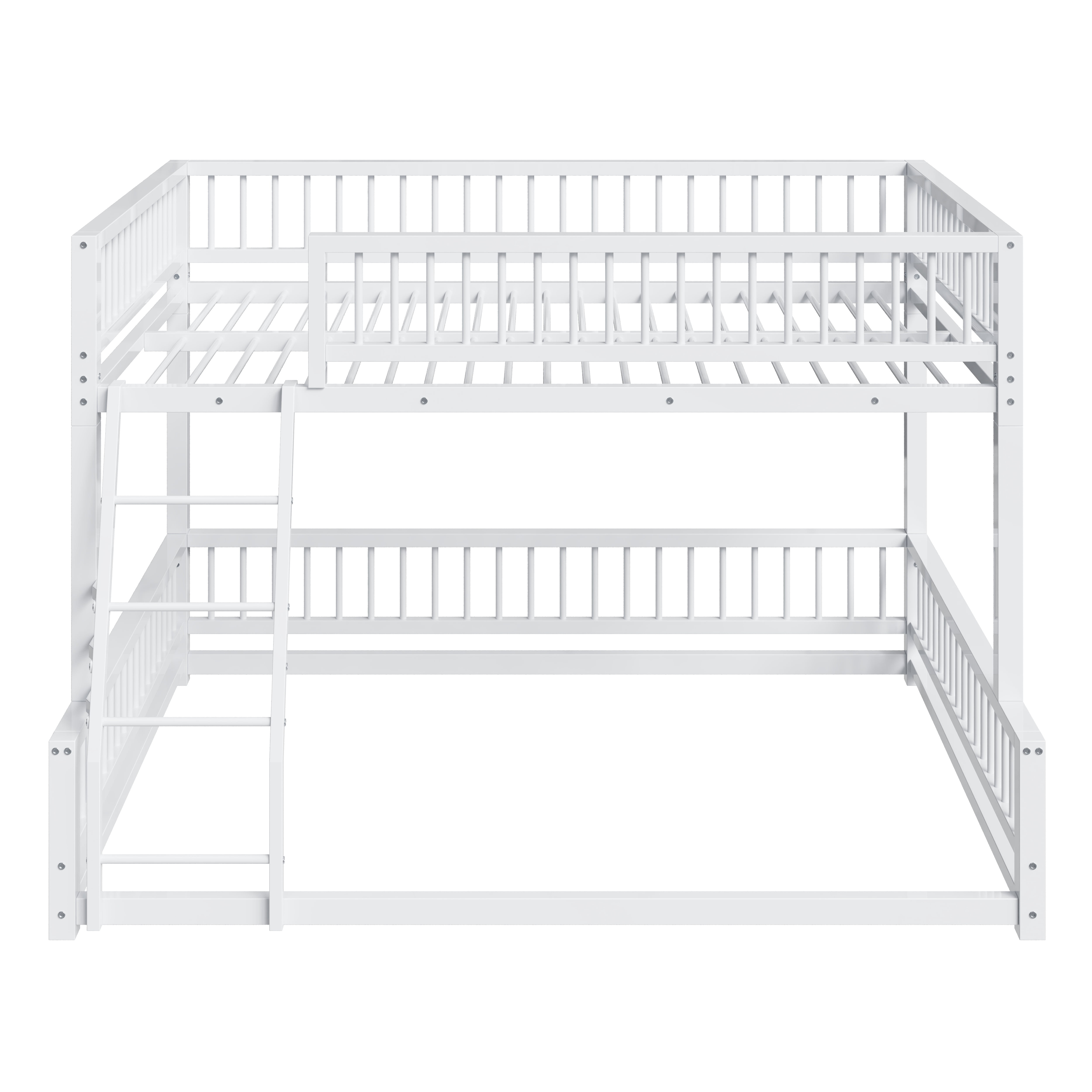 Leumius Full XL over Queen Bunk Bed,Heavy Duty Metal Bunk Beds for Adults and Kids,Floor Bed Frame with Ladder and Safety Guardrails, Easy Assemble,White