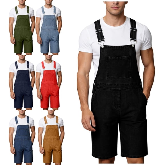 Afuyipoi Men's Washed Denim Overalls Shorts, with Chest Pocket Workwear Bib Shorts with Adjustable Straps Black L