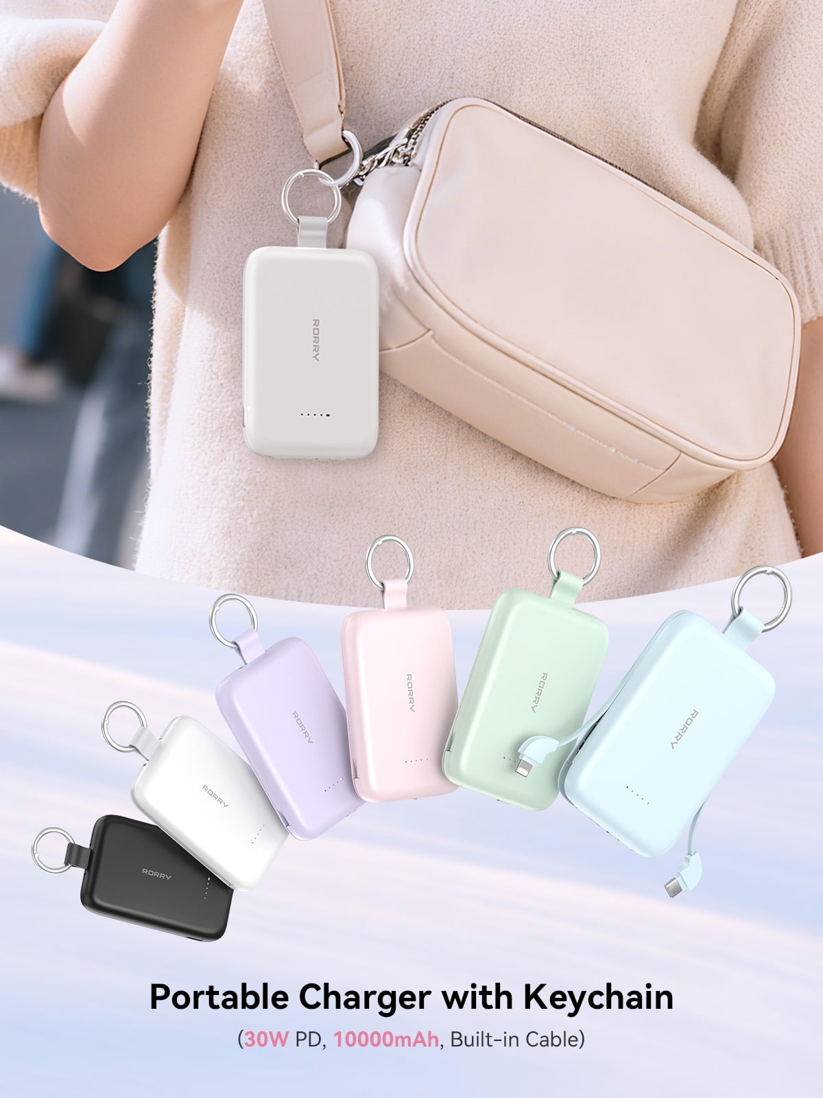 RORRY Portable Charger, 10000mAh PD 30W Power Bank with Built-in Cables, Fast Charging Battery Pack, Travel Essential Phone Power Bank for iPhone, Android, iPad, Galaxy and More,Green