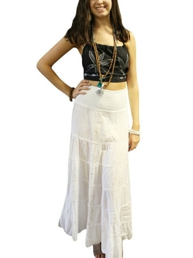 Mogul Women's White Cotton Skirt Vintage 70's Voile Hippy Chic Long High Waist Summer Skirts M/L
