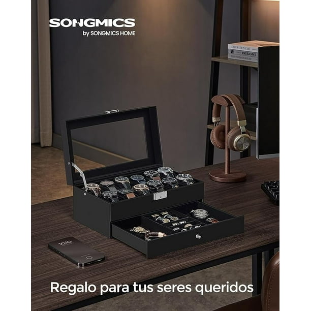 SONGMICS Caja de Reloj, con Tapa de Cristal, con Almohadilla Extraíble de Reloj,
