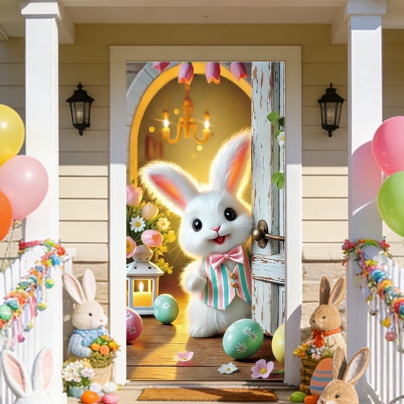 KOYPTL 71x35" Happy Easter Banner Door Cover,Pastel Colorfull Bunny Egg Flowers Themed Porch Sign,Large Front Door Wall Hanging Farmhouse Backdrop for Holiday Indoor Outdoor Spring Party Decorations