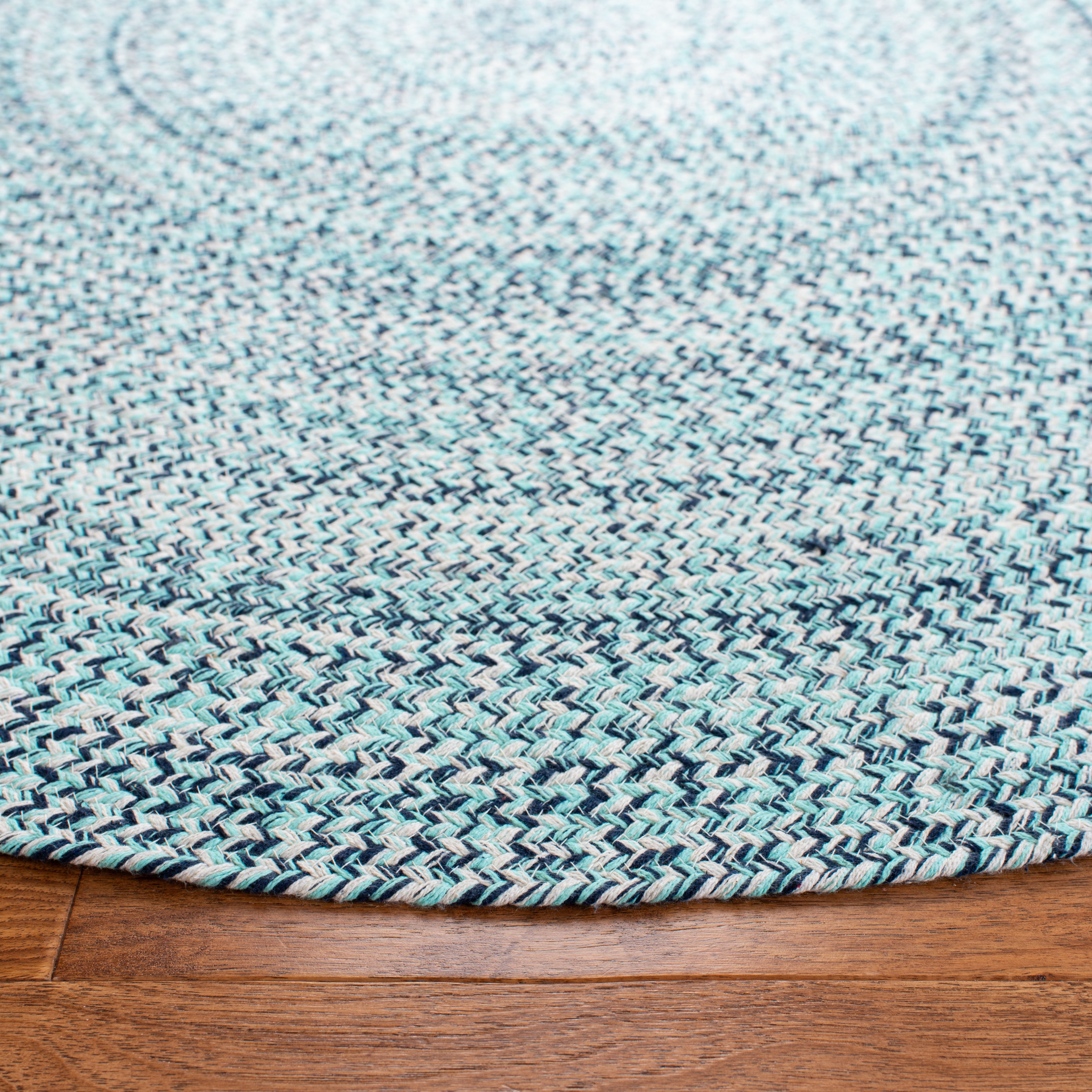 SAFAVIEH Braided Vermont Geometric Cotton Reversible Area Rug, Aqua/Ivory, 4' x 4' Round