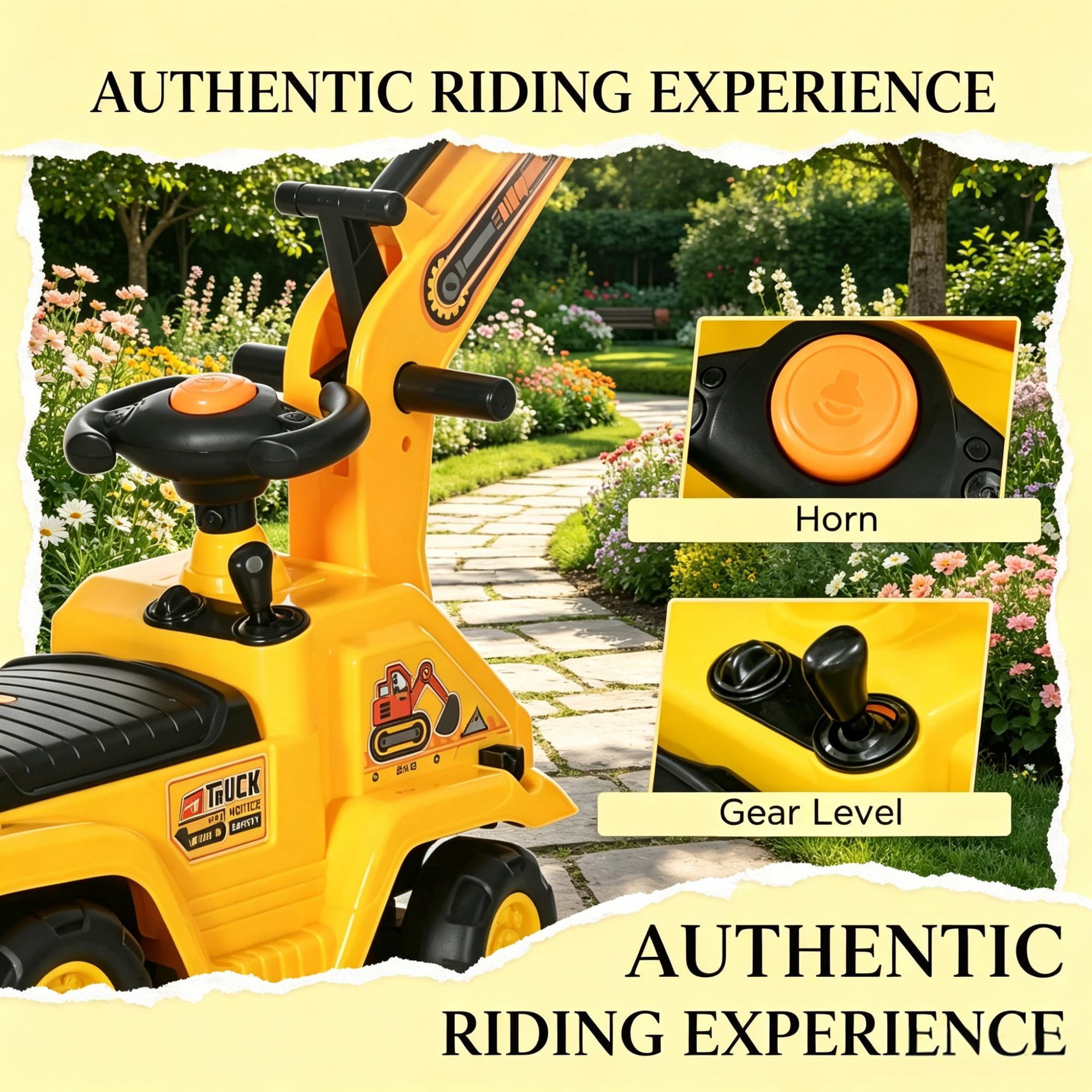 Kids Excavator Ride On with Pull Cart and Horn for Ages 18-48 Months