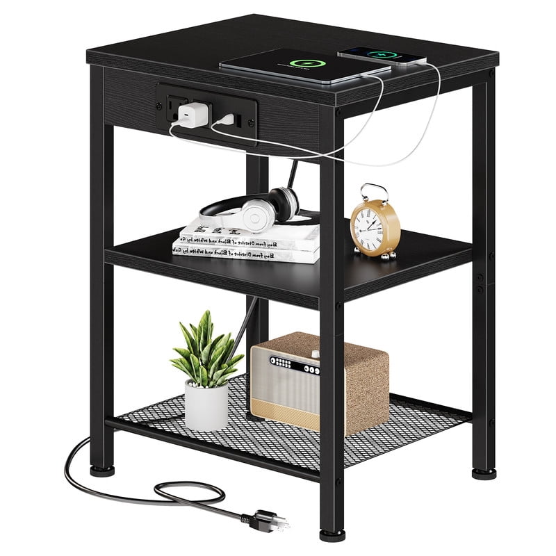 Gianna 15.7" Small Side Table Set of 2 with Charging Station, End Table with Outlets & USB Ports, 3-Tier Adjustable Storage Nightstand for Living Room, Bedroom, Small Spaces, Black