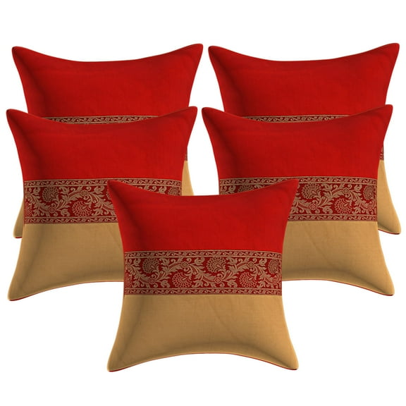 Stylo Culture Ethnic Chair Seat Throw Pillow Covers 16x16 Brocade Jacquard Patchwork Red Beige Traditional 40x40 cm Living Room Polydupion Floral Square Cushion Covers | Set Of 5