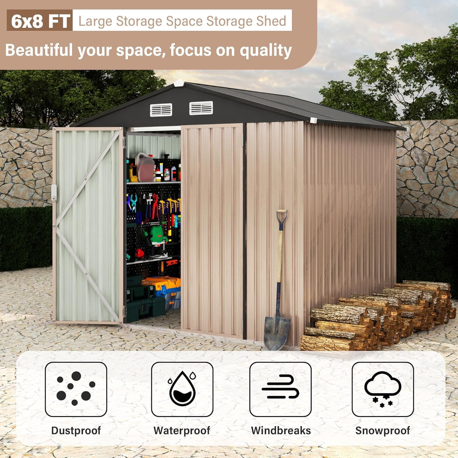 6' x 8'Outdoor Storage Shed,Metal Yard Sheds with Lockable Door&Doors Vents for  Backyard Patio Lawn