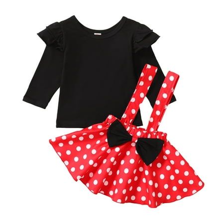 

NZRVAWS Baby Girls Fall Outfits 18 Months Baby Girls Solid Color 24 Months Baby Girls Top Wave Point Print Straps Suspender Skirts 2Pcs Fall Clothes Set Black