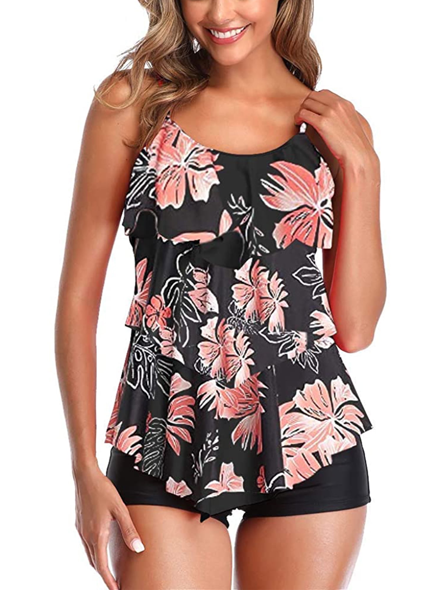 American Trends Womens Two Piece Ruffled Flounce Printed Swimsuits Tummy Control Tankini with Boyshort Bathing Suits