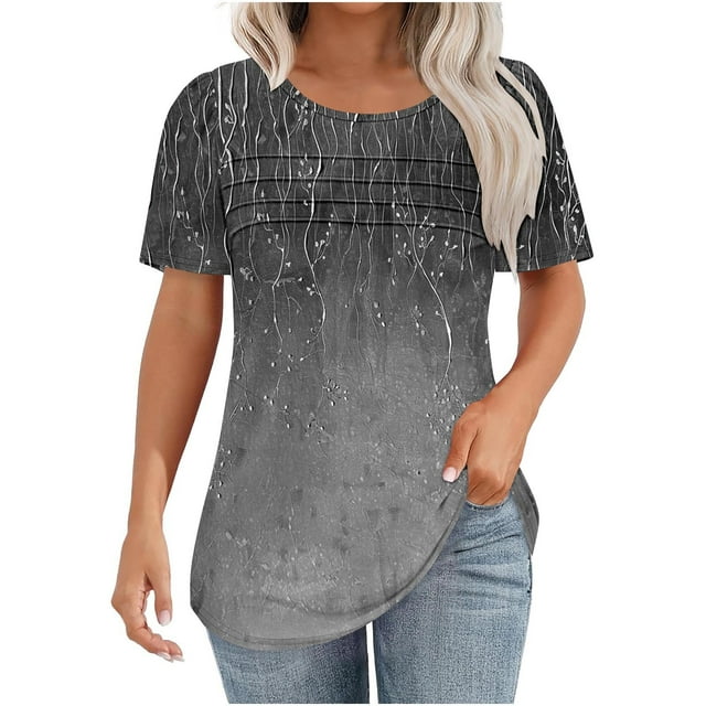 Tops de Manga Corta de las Mujeres Cuello Redondo Suéter Pecho Plisado Blusa de Impresión Casual 95% Poliéster 5% Spandex, Nuevo Top de Moda para Diario