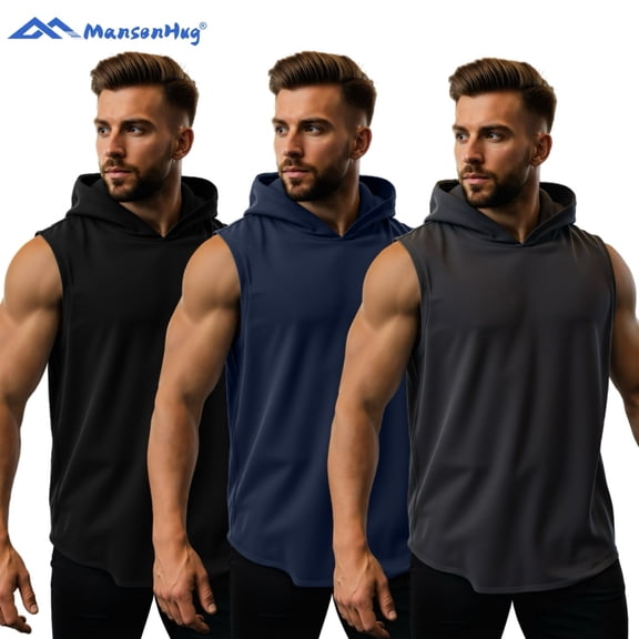 MANSENHUG Men's Sleeveless Hoodie Tank Top 3 Pack, Quick Dry Muscle Shirts with Hood, Active Workout Running Gym Tops, S