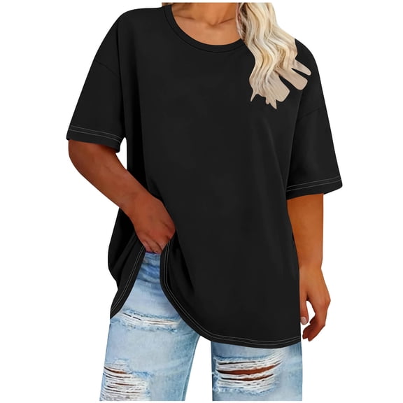 Htigea Plus Size T Shirts for Women Oversized Crewneck Short Sleeve Tops Casual Loose Fit Tee Summer Solid Color Tunic T-Shirts Black XL