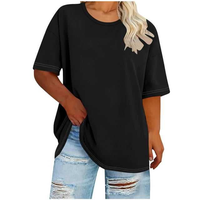 Moxiu T-Shirts d'Été à Col Rond Grande Taille pour Femmes Coupe Ample en Coton Tunique Décontractée Noire,TTTG
