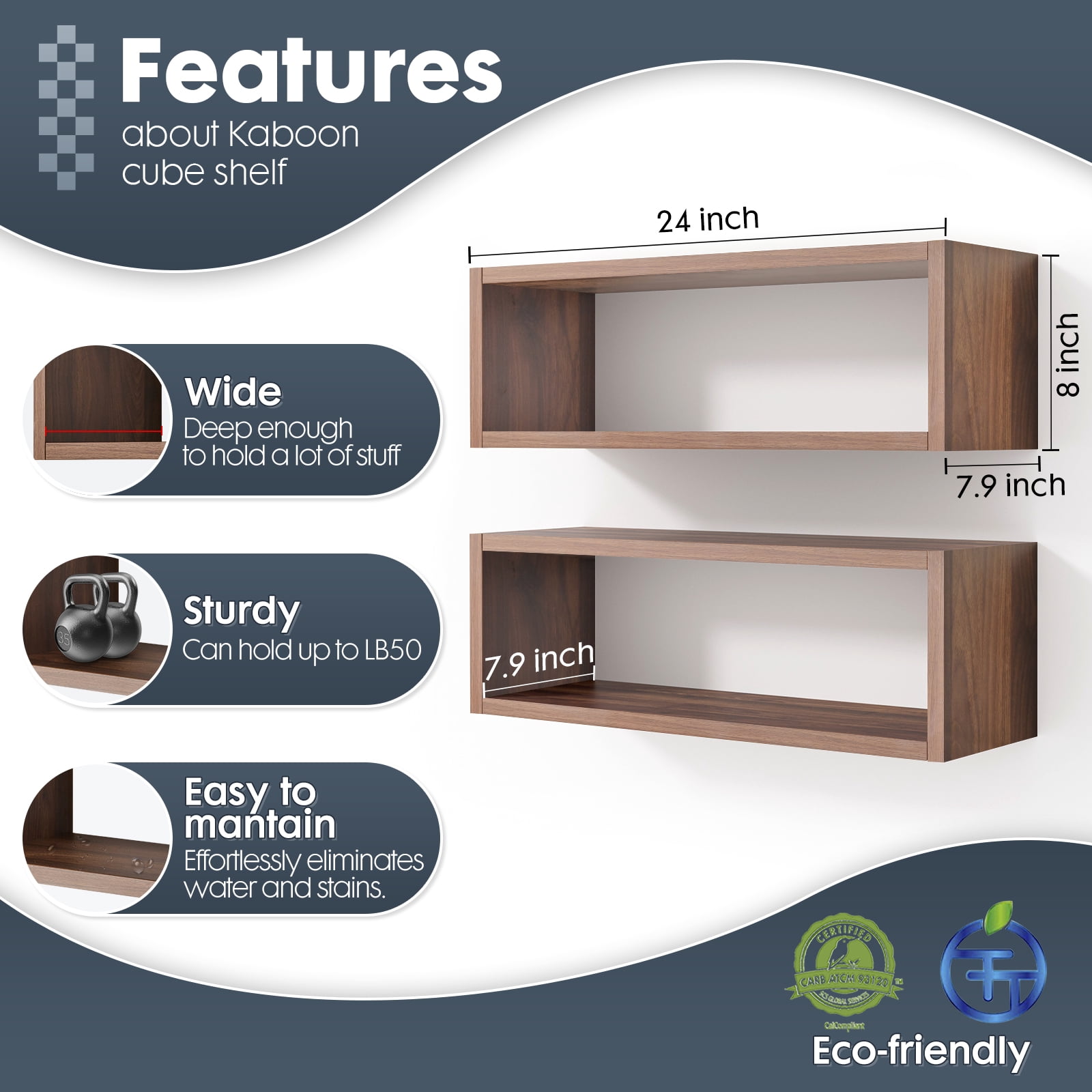 Kaboon 24" Floating Cube Shelves, Set of 2, Wall Mount Decorative Hanging Shelves, Dark Walnut
