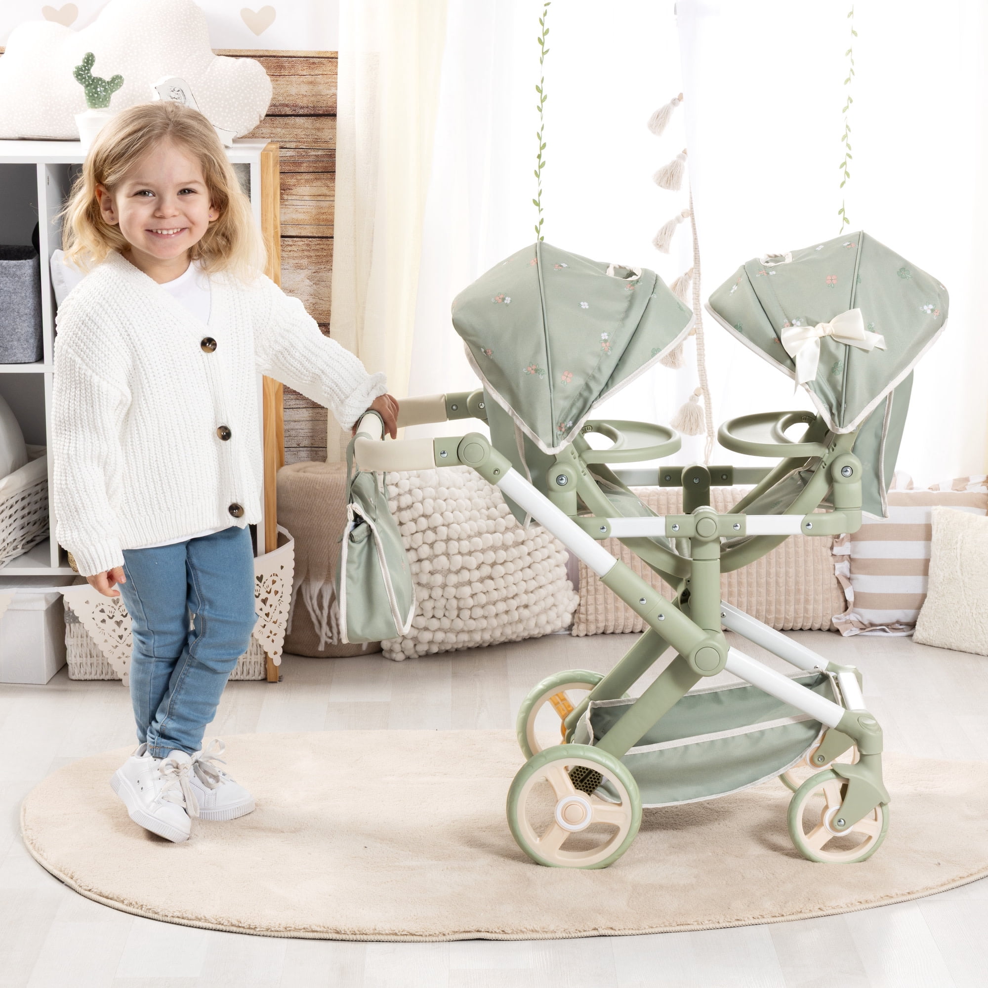 Bayer Design: Doll Pram Xeo Twin - Green & Flowers - Push Stroller, Adjustable Seats & Handle, Foldable, Handbag, Toy Seats 2 Dolls Up To 18", Kids 3+