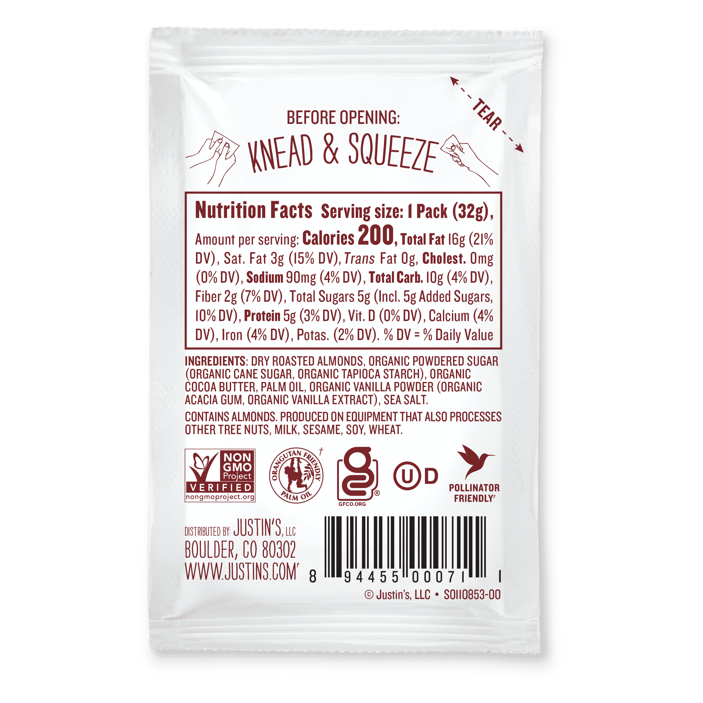 JUSTIN'S Gluten-Free Vanilla Almond Butter 1.15 oz Squeeze Pack, (Pack of 10)