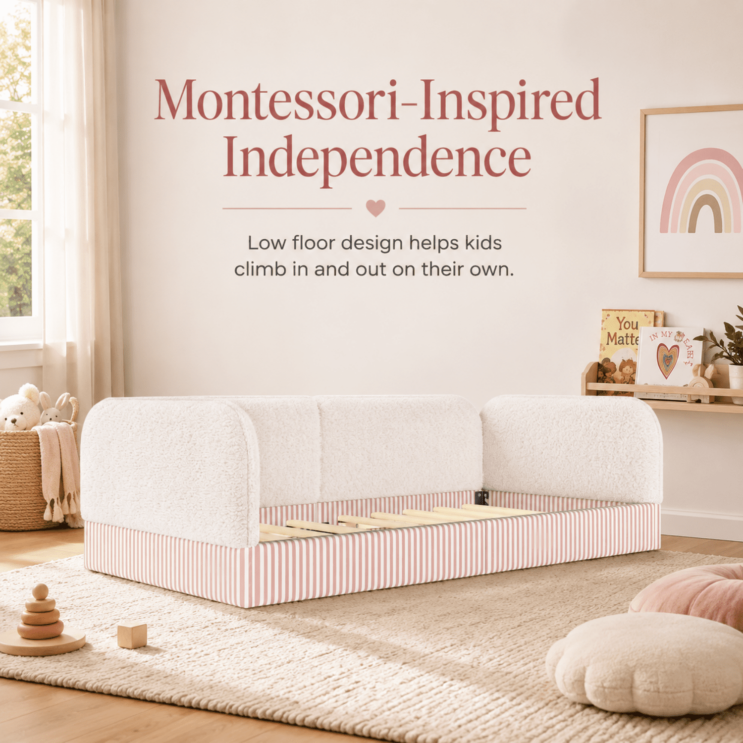 Miniyam Twin Kids Floor Bed with Padded Guardrails, Teddy Fleece Upholstered Montessori-Inspired Bed, White