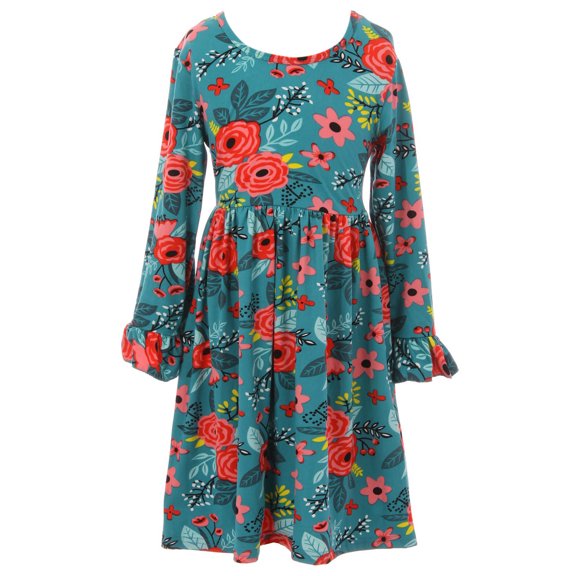 Little Girl Dress Kids Floral Print Ruffle Easter Summer Flower Girl Dress Teal 2T XS (501029)