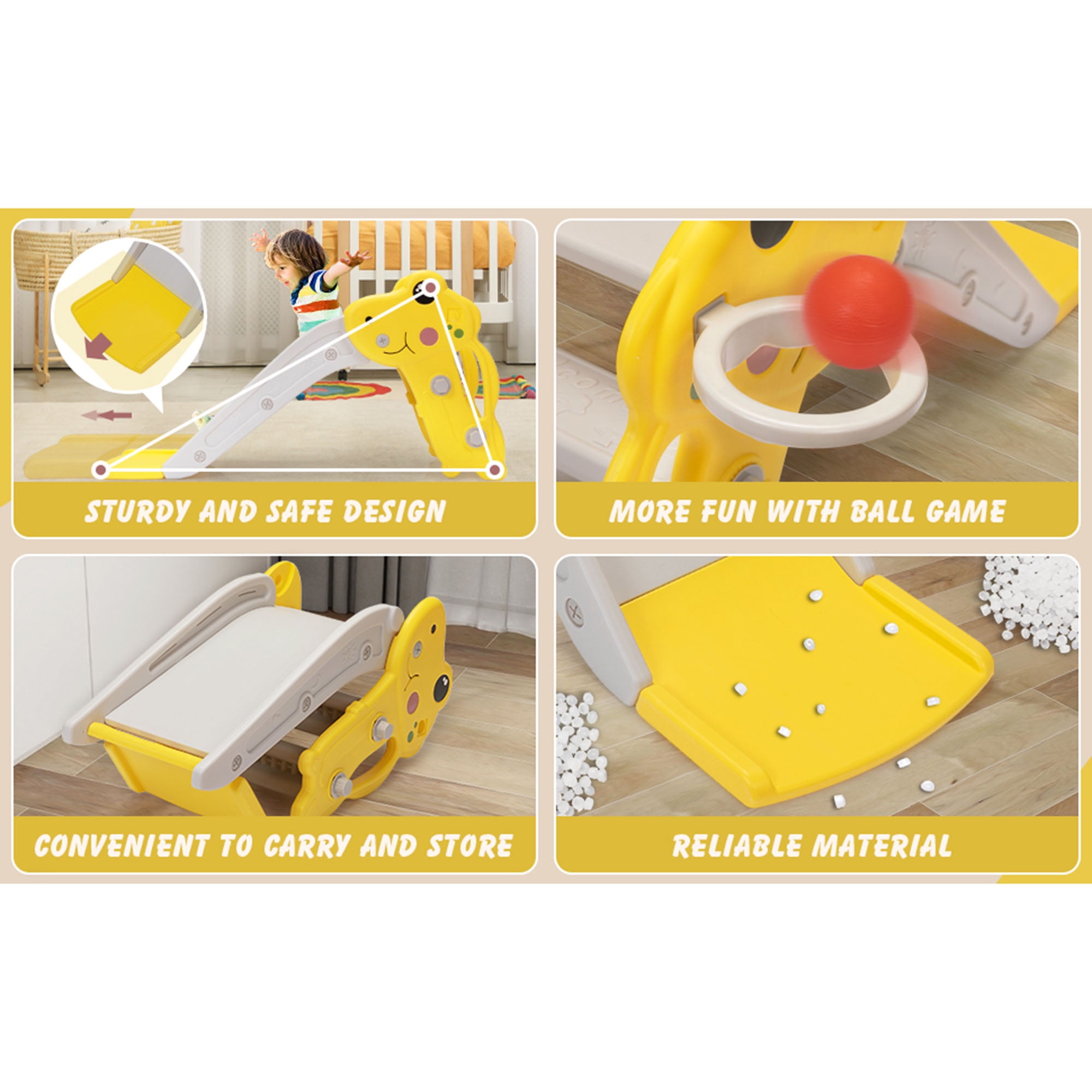 Kadyne 3 in 1 Toddler Slide Kids Slide, 42.9" Frogs Play Slide for Outdoor and Indoor, Play Slide with Basketball Hoop, Ball and Ladder, Yellow+Gray Kadyne 3 in 1 Toddler Slide Kids Slide, 42.9" Frogs Play Slide for Outdoor and Indoor, Play Slide with Basketball Hoop, Ball and Ladder, Yellow+Gray