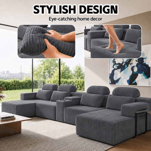 145.7 Inch Oversized U-Shaped Modular Sectional Sofa with Lounge Chaise, Cup Holders & Hidden Storage - Compression Sofa for Home Theater & Luxury Living Room, Dark Gray