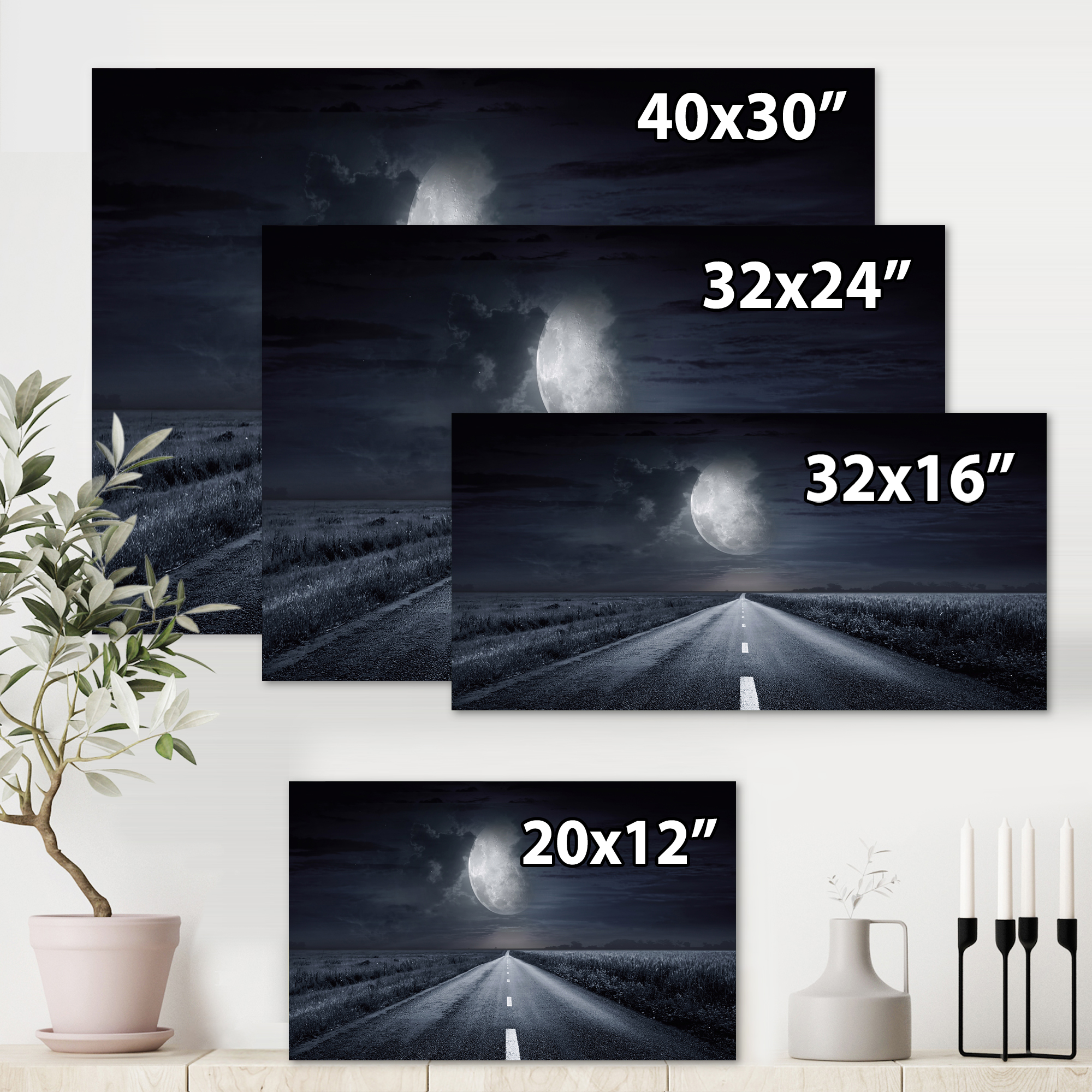 Cloudy Full Moon Over Asphalt Road III 32 in x 24 in Photography Canvas Art Print, by Designart