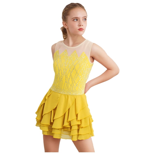 Ocealan Robe de Danse Patinage à Volants Sans Manches avec Strass Brillants pour Filles Jaune 6