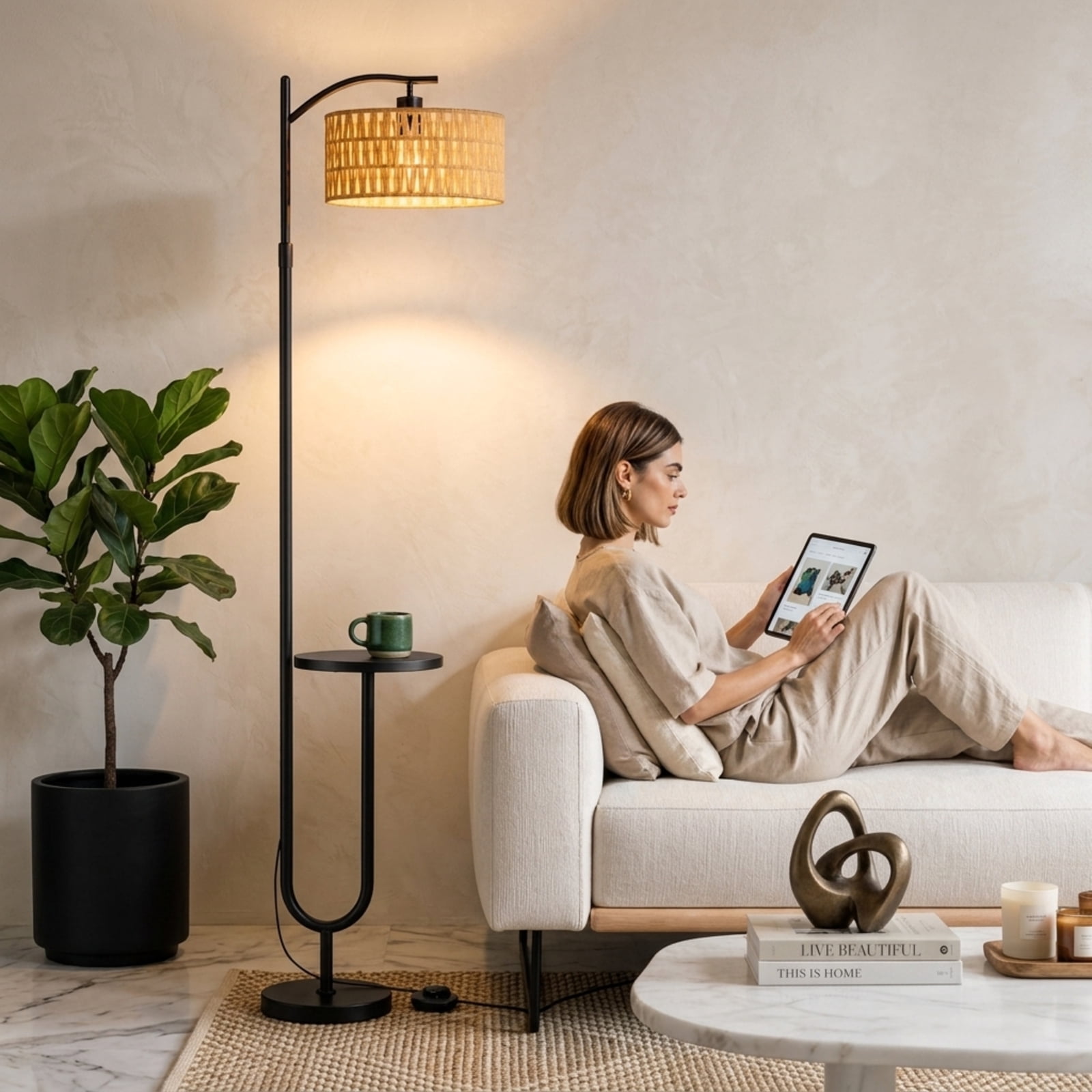 Fenbeli Modern Floor Lamp with Adjustable Head, Remote Control and Dimmable LED Bulb, Black for Living Room, Bedroom and Home Office