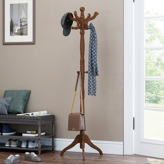 Classic Wooden Coat Rack Stand with 11 Hooks - Free Standing Hall Tree for Coats, Hats, and Accessories