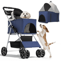 Magshion Foldable Dog Pet Stroller with Cup Holder, 4 Wheel (Navy Blue)
