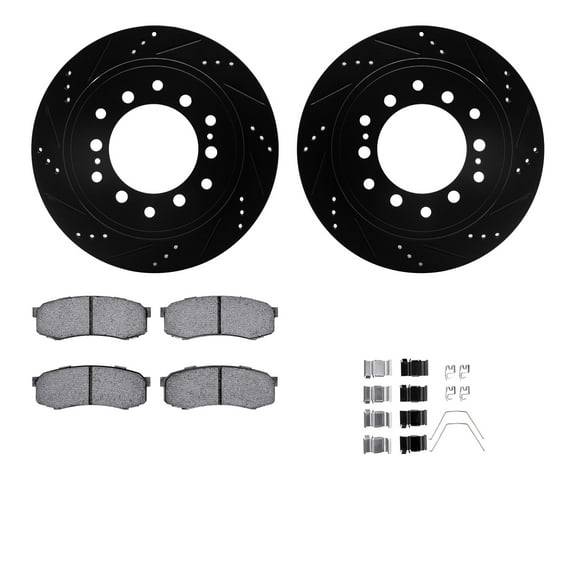 Dynamic Friction Company Rear Brake Rotors-Drilled and Slotted-Black with Ultimate Duty Performance Brake Pads includes Hardware 8412-76023
