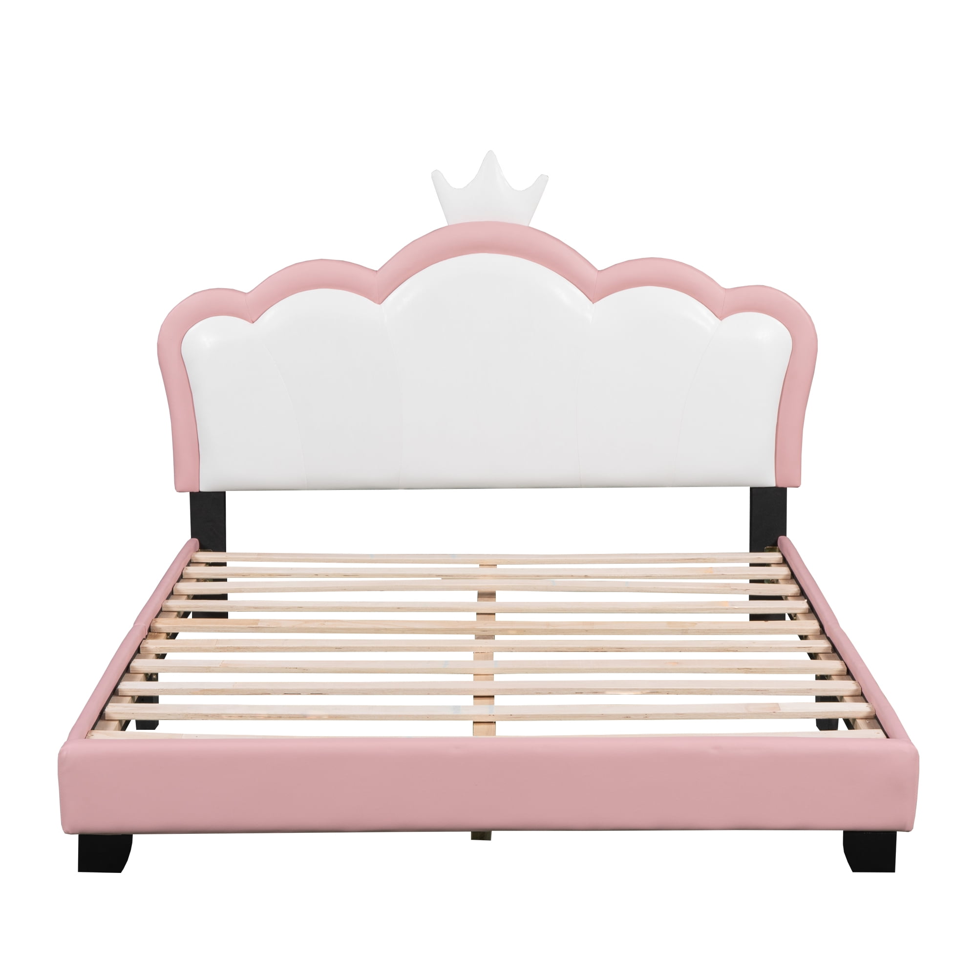 Euroco Wood Full Size Platform Bed with Crown Headboard and for Kids, Pink