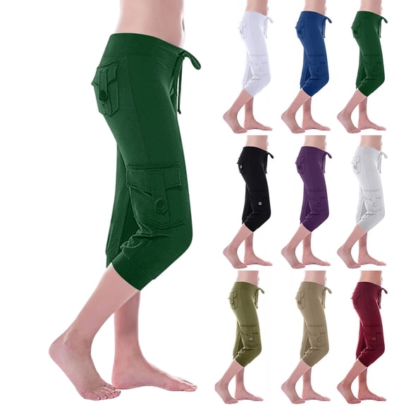 Hiking Capris for Women Slim Fit Low Rise Drawstring Cargo Capris Stretchy Lounge Capris with Button Pockets Dark Green XXL