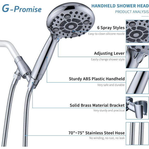 Handheld Shower Head High Pressure 6 Spray Settings, Detachable Hand Held Showerhead 4.9 Inch Face with Extra Long Flexible Hose and Metal Adjustable Bracket