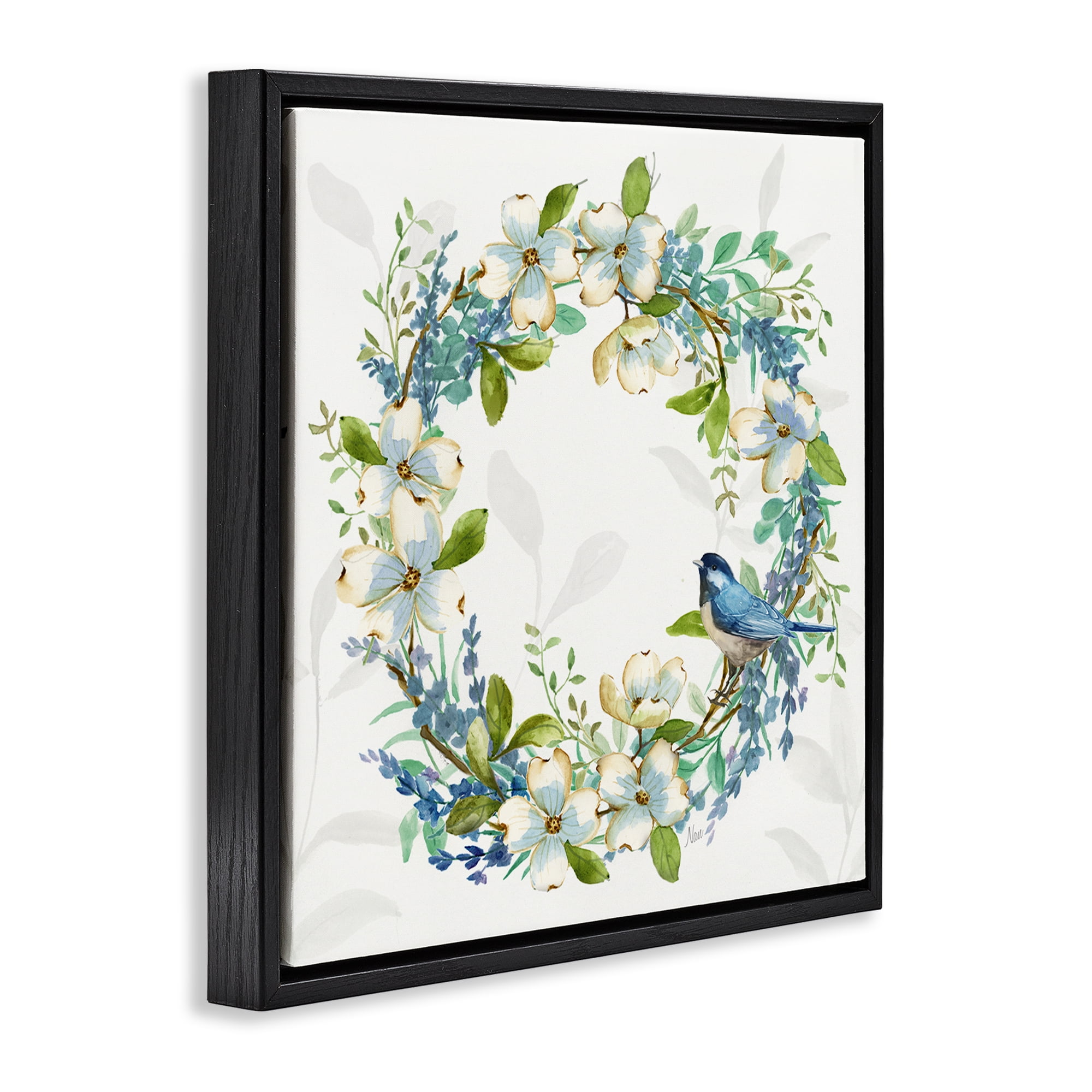 Stupell Industries Dogwood Wreath & Bluebirds Plants & Flowers Painting Black Floater Framed Canvas Art Print Wall Art, 25 x 25